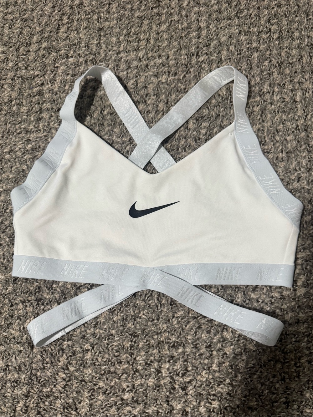 EUC, Nike White & Light Gray Dri Fit Cross-Back Wrap Sports Bra, Logo Elastic